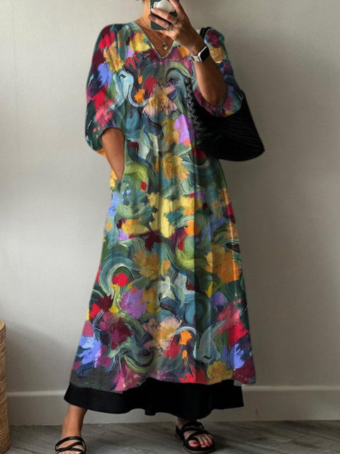 Oil Painting Art Style Garden Decorative Pattern Pocket V-neck Cotton Dress