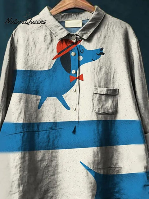 Funny Dachshund Graphic Printed Women's Casual Cotton And Linen Shirt