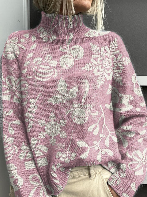 Pink-purple Christmas Elements Print Knit Turtleneck Pullover Sweater