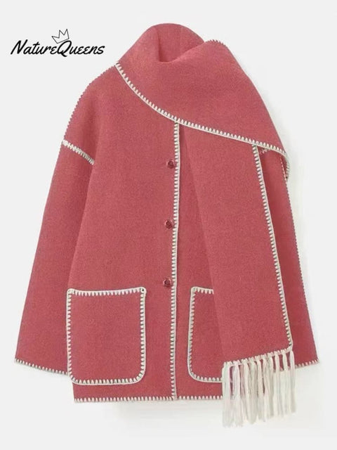 Women's Thickened Loose Woolen Coat with Scarf and Tassels