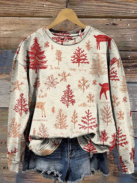 Red Reindeer & Christmas Trees Cozy Retro Christmas Print Casual  Sweatshirt