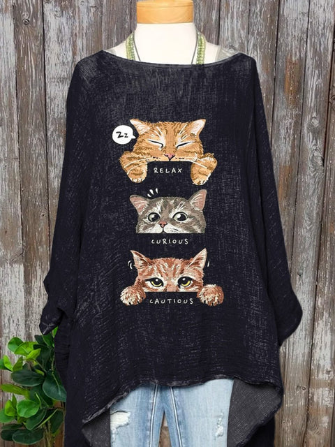 Lovely Cat Graphic Printed Women's Pocket Cotton Top