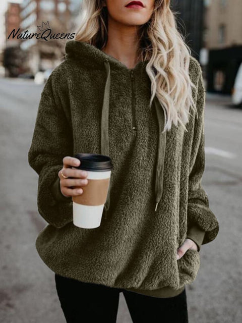 Plush Women's Long Sleeve Hooded Loose Sweatshirt and Fleece Jacket