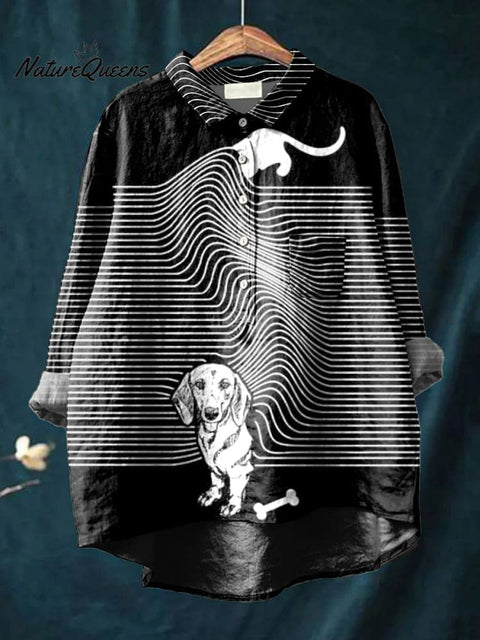 Women's Funny Dog Art Print Casual Cotton And Linen Shirt