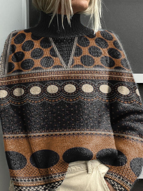 Black Brown Polka Dot Decorative Pattern Knit Turtleneck Pullover Sweater