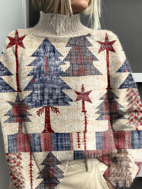 Women's Lovely Christmas Tree Art Print Knit Turtleneck Pullover Sweater