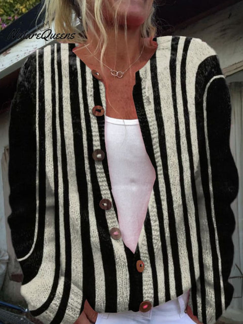 Black and White Ripples Print Buttoned Cardigan Sweater