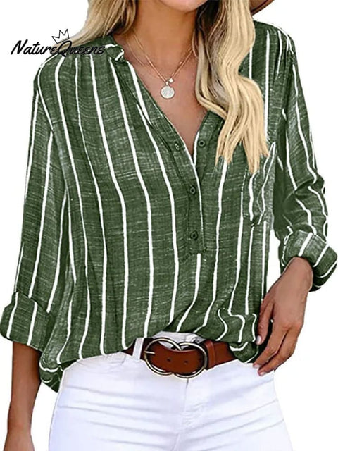 Women‘s Long Sleeve Blouse Ladies Fashion V - Neck Stripe Shirt Green / S