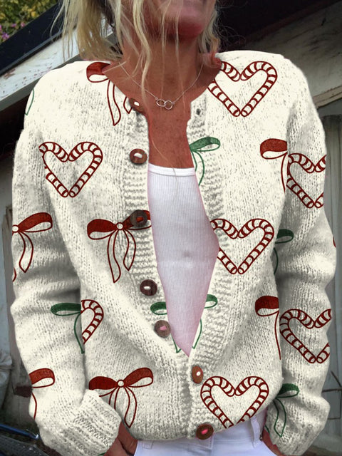 Christmas Butterfly Heart-shaped Candy Print Buttoned Cardigan Sweater