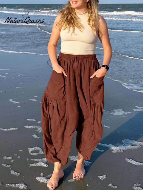 Women's Stylish Casual Fashionable Elastic Waist Loose Cotton Linen Pants