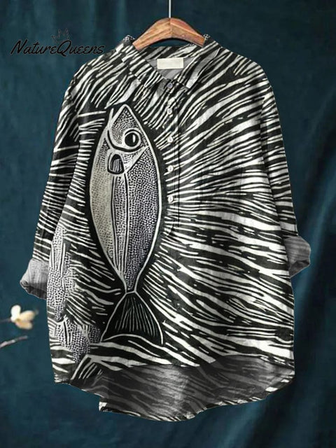 Women's Fish  Art Print Casual Cotton And Linen Shirt