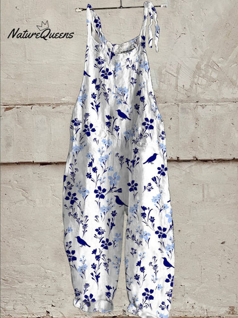 Birds In Floral Garden Pattern Printed Women's Casual 100% Cotton Wide Leg Jumpsuit