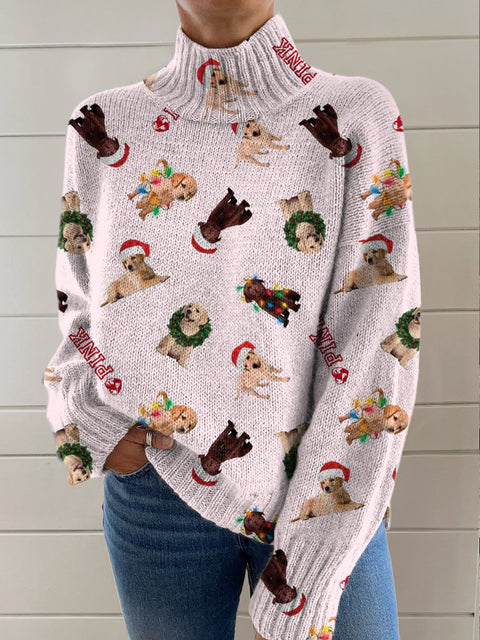 Retro Cute Dog Christmas Dress Up Print Knit Turtleneck Pullover Sweater