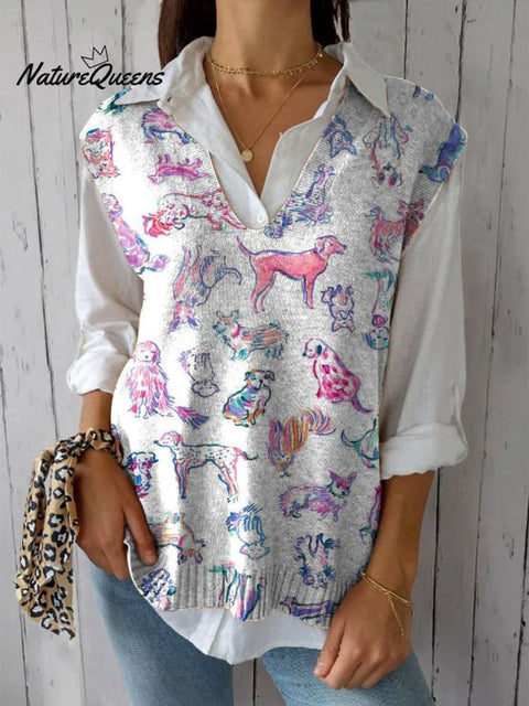 Women's Lovely Dogs Art Print Versatile Knitted Vest