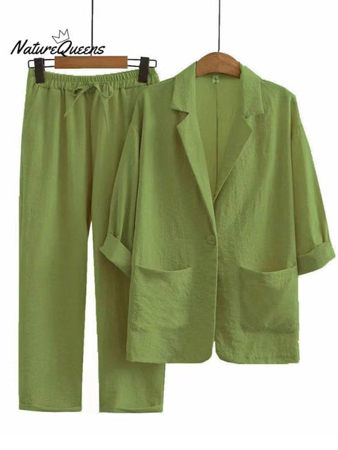 Women's Solid Color Loose Casual Cotton And Linen Jacket Pants Suit