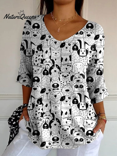 Doodle Puppy Dogs Repeat Pattern Printed Women's Casual Pullover Knit