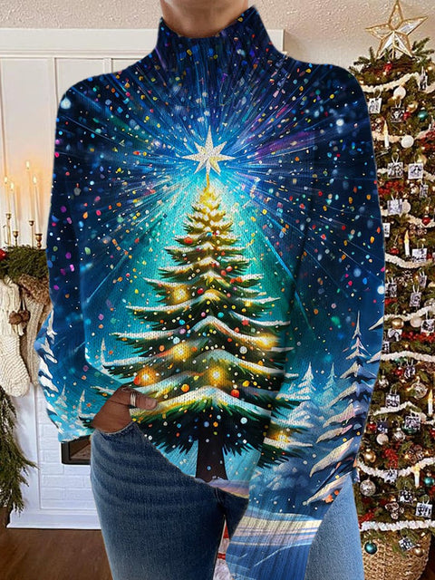 Glitter Christmas Print Knit Turtleneck Pullover Sweater