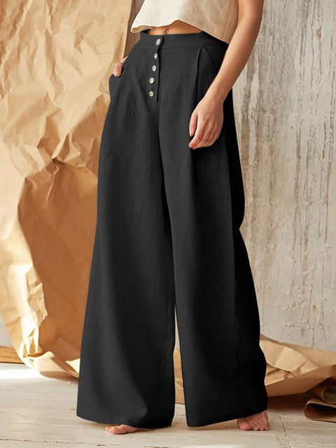 Women's Solid Color High Waist Casual Buttoned Cotton and Linen Wide Leg Pants