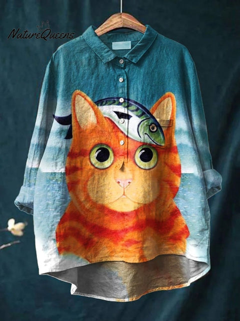 Women's Cat  Art Print Casual Cotton And Linen Shirt