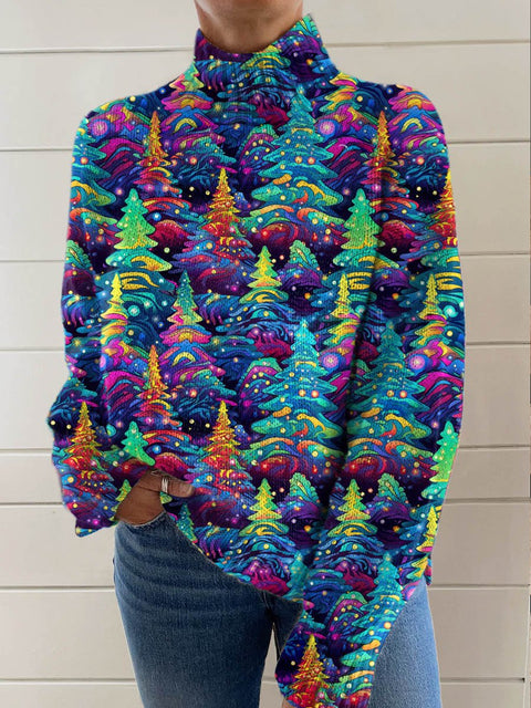 Women's Lovely Christmas Tree Art Print Knit Turtleneck Pullover Sweater