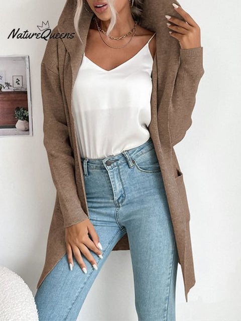 Autumn and Winter Women's Hooded Pit Knitted Sweater Cardigan Jacket
