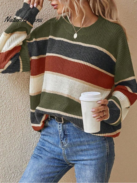 Autumn and Winter Crew Neck Sweater, Lazy and Loose, Classic Striped Long-sleeved Sweater Top