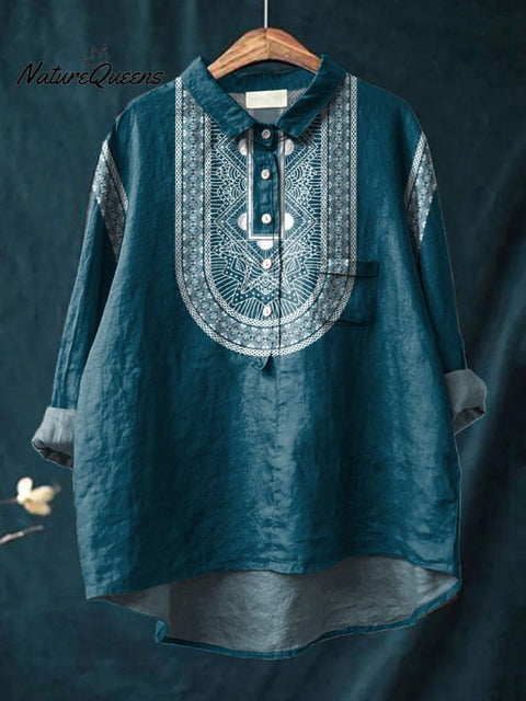 Ethnic Style Geometric Pattern Printed Women's Casual Cotton And Linen Shirt