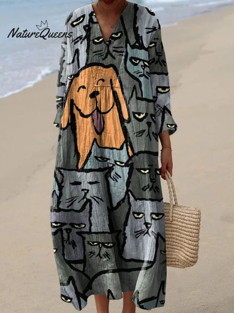 A Happy Puppy Mixed In with A Group of Unhappy Cats Decorative Pattern Flowy Dress