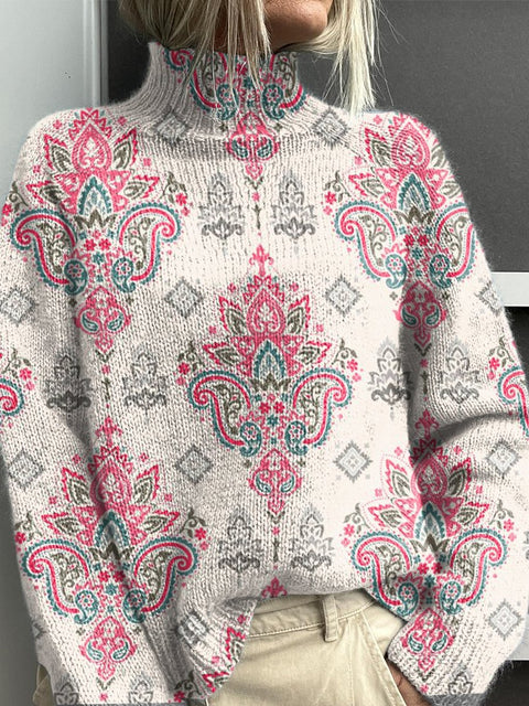 Pink Ethnic Art Pattern Print Knit Turtleneck Pullover Sweater
