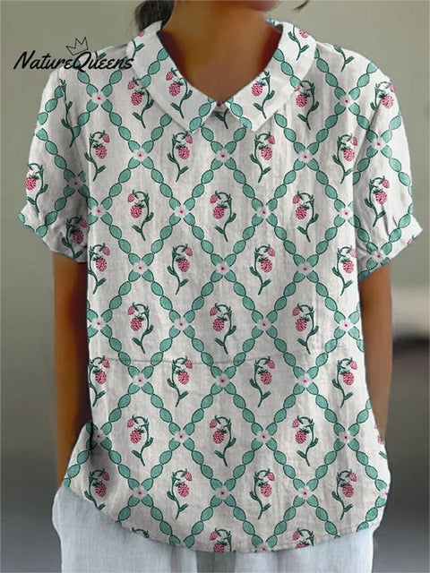 Retro Style Strawberry Pattern Printed Women's Casual Cotton And Linen Shirt