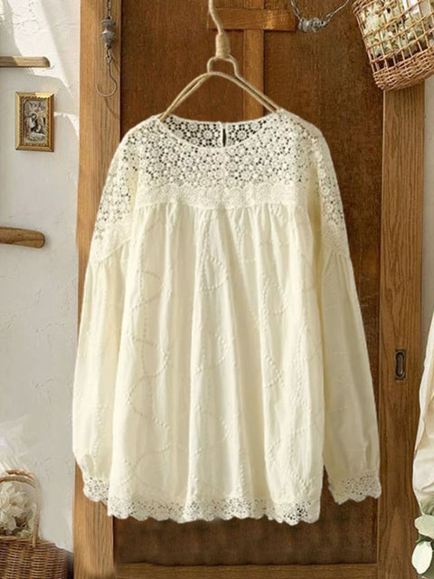 Women's  Embroidery Solid Color Cotton And Linen Casual Shirt