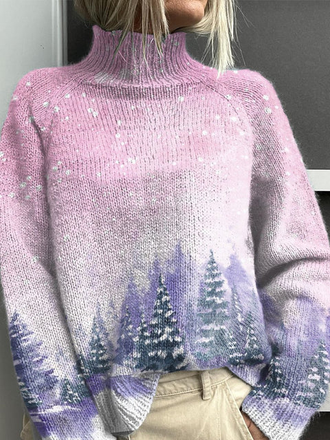 Purple Dream Winter Print Knit Turtleneck Pullover Sweater
