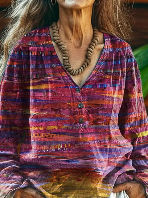 Sunset Afterglow Quilt Art Printed Women's Casual Long Sleeve Comfortable Cotton V-Neck Shirt