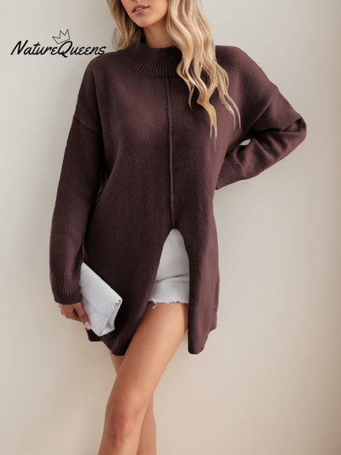 Solid Color Mid-length Turtleneck Sweater