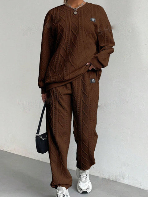 Women's Jacquard Long Sleeve Casual Round Neck Sweatshirt and Pants Suit