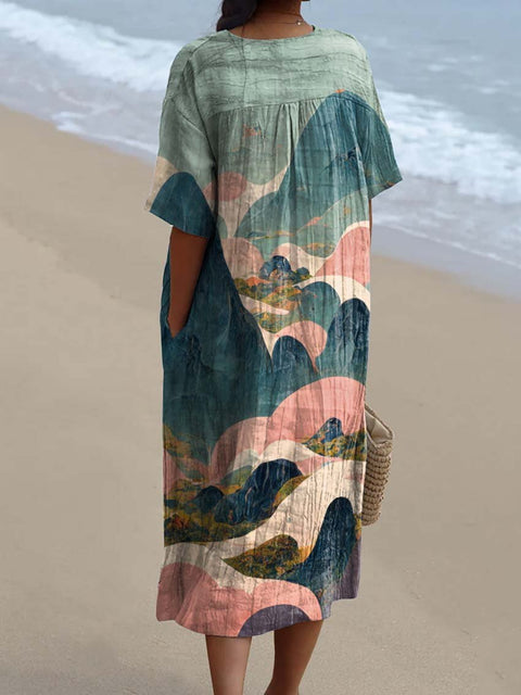 Beautiful Clouds and Mountains Landscape Decorative Pattern Flowy Dress