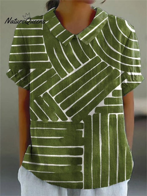 Simple Geometric Pattern Printed Women's Casual Cotton And Linen Shirt