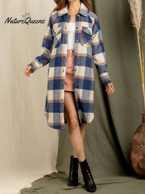 Stylish Lapel Big Pocket Long Sleeve Plaid Jacket Cardigan