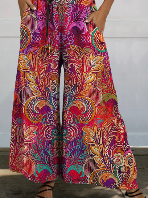 Colorful Ethnic Pattern Printed Cotton And Linen Casual Wide-Leg Pants