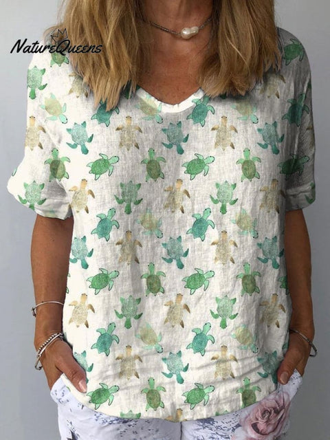 Little Sea Turtle Pattern Printed Women's Casual Cotton And Linen Shirt