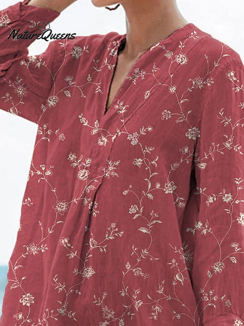 Small Floral And Vine Pattern Printed Women's Casual Linen V-neck Shirt