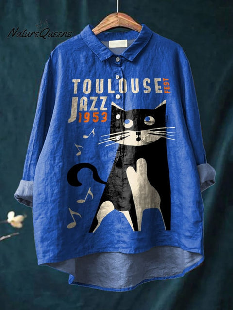 Black and White Cat and Jazz Decorative Pattern Casual Cotton And Linen Shirt