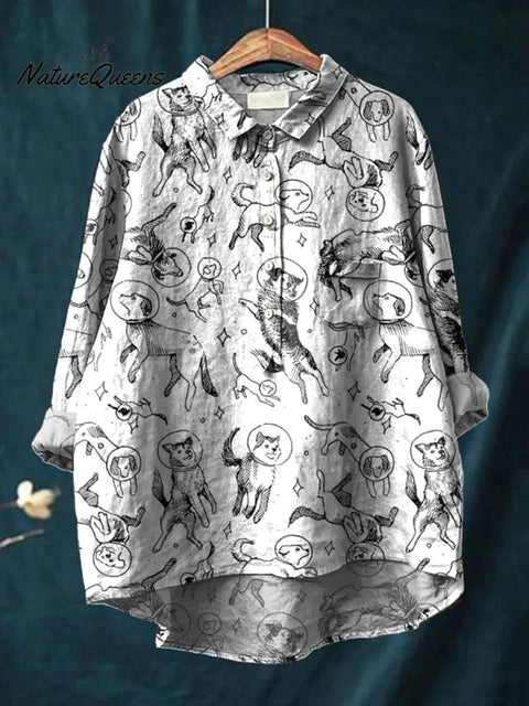 Women's Simple Black and White Space Puppy Print Casual Cotton And Linen Shirt