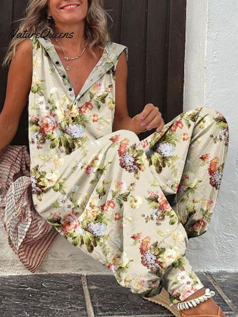 Women's Retro Fresh Flowers Print Casual 100% Cotton Wide Leg Jumpsuit