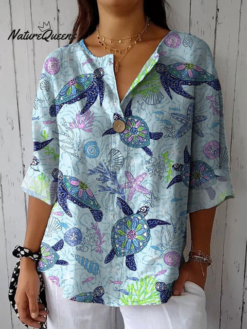 Sea Turtle And Coral Reef Pattern Printed Women's Casual Cotton Linen Shirt