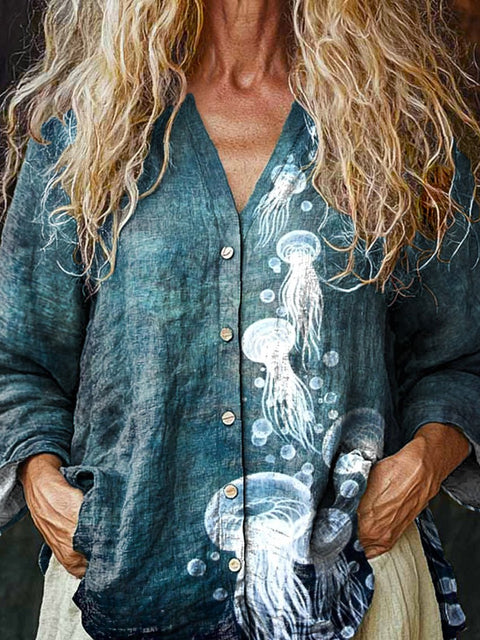 Watercolor Jellyfish Art Printed Women's Linen And Cotton V-Neck Casual Shirt
