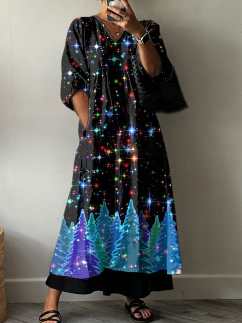 Women's Glitter Christmas Art Print Pocket V-neck Cotton Dress
