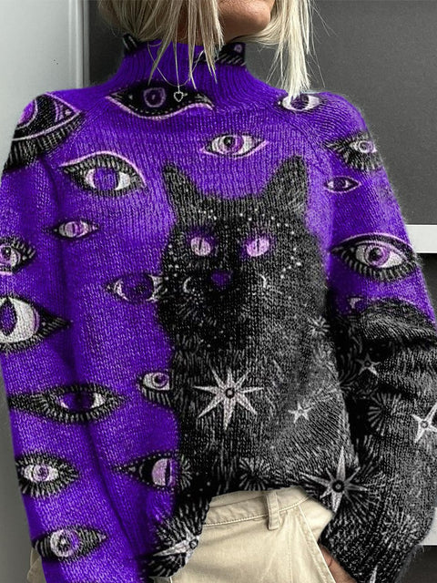 Sacred Black Cat Art Printed Knit Turtleneck Pullover Sweater