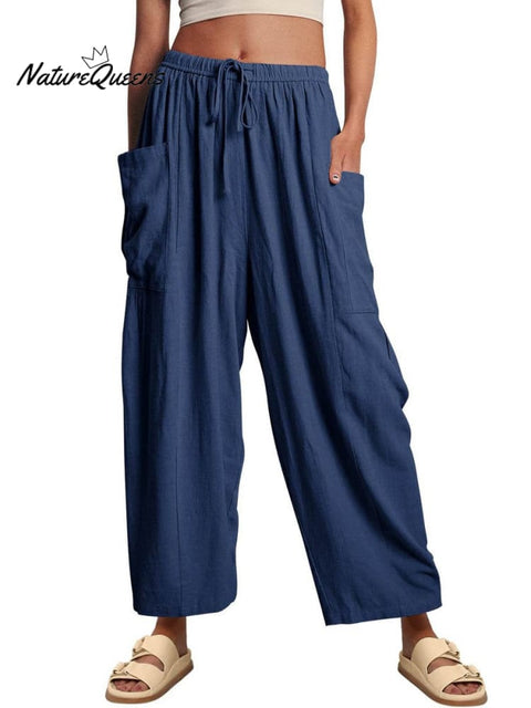 Women's Stylish Casual Fashionable Elastic Waist Loose Cotton Linen Pants