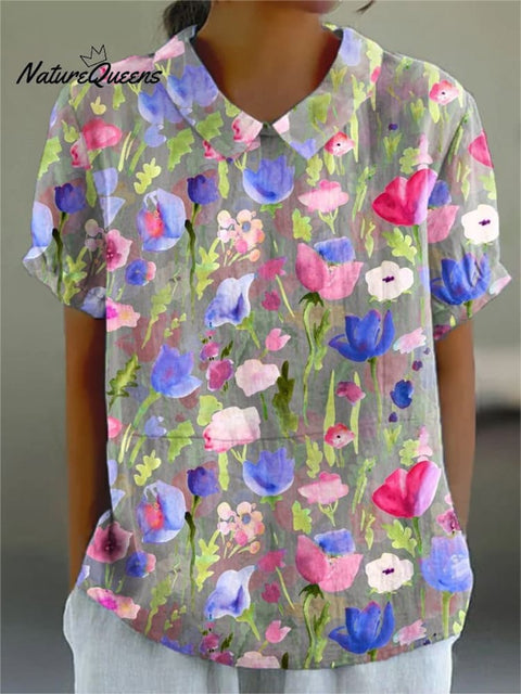 Women's Flower Art Print Casual Cotton And Linen Shirt